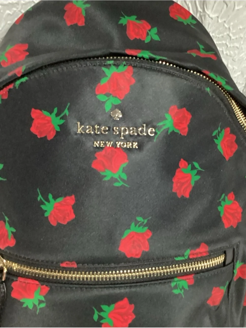 Kate Spade Chelsea Medium Rose Toss Print Black Nylon Leather Backpack Bag